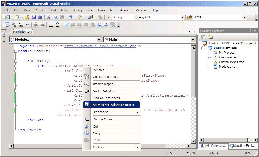 VBXMLLiteralsWithXMLSchemaExplorer2 Visual Basic XML Literals; XML Schema Explorer