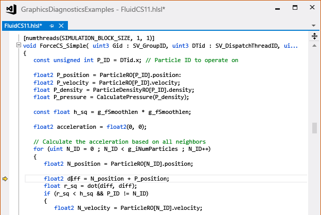 gfx_diag_demo_compute_shader_fluid_step_9 Debugging the ForceCS_Simple compute shader.