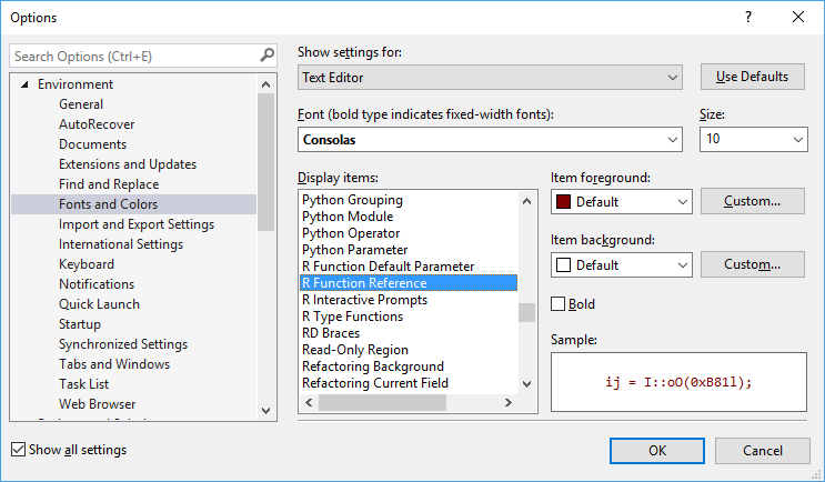 Fonts and color options for R code