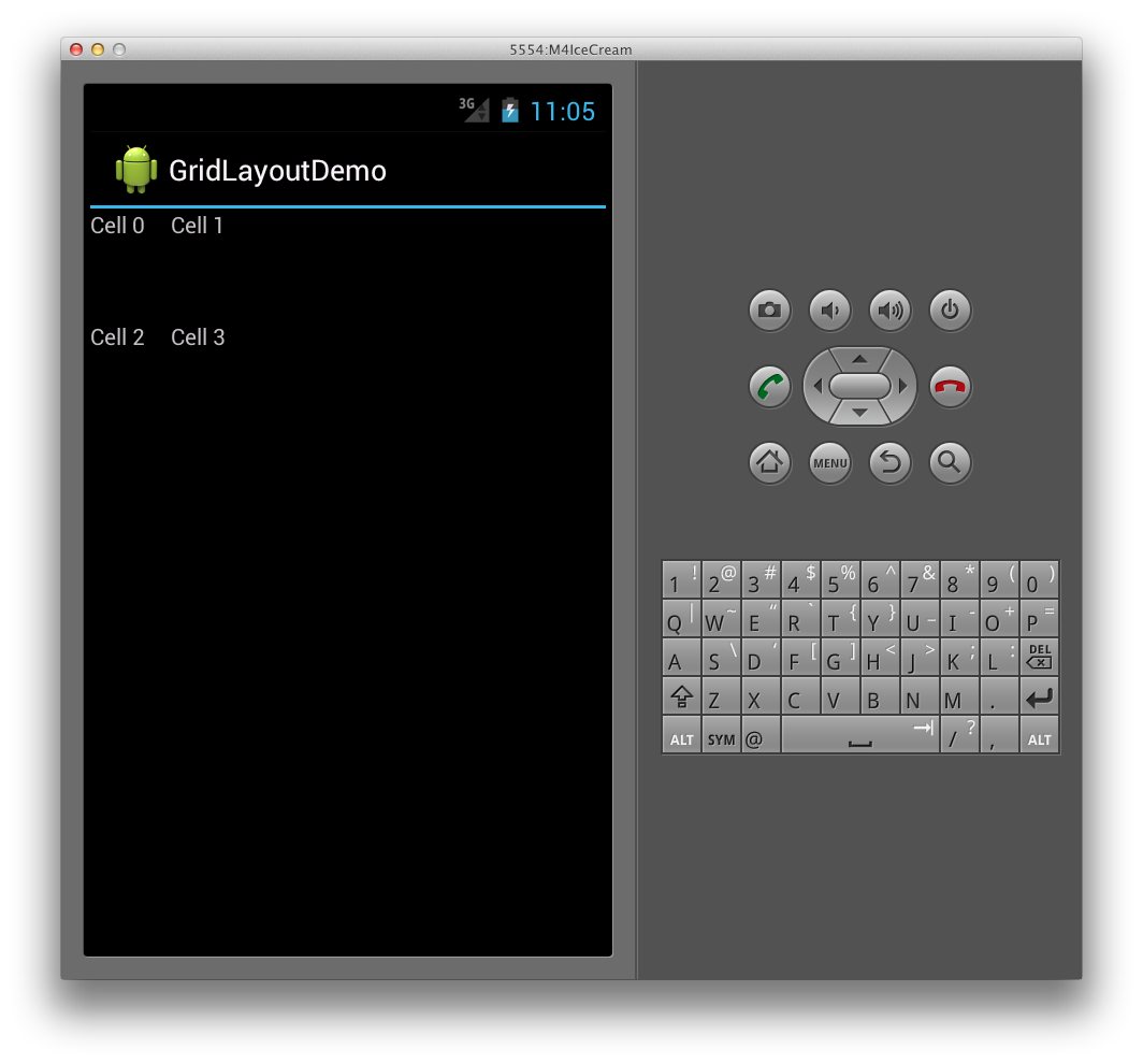 Screenshot of GridLayoutDemo illustrating larger cells with spacing