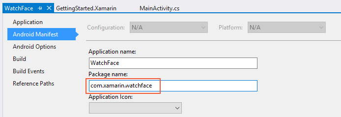 Set the package name to com.xamarin.watchface Package name setting