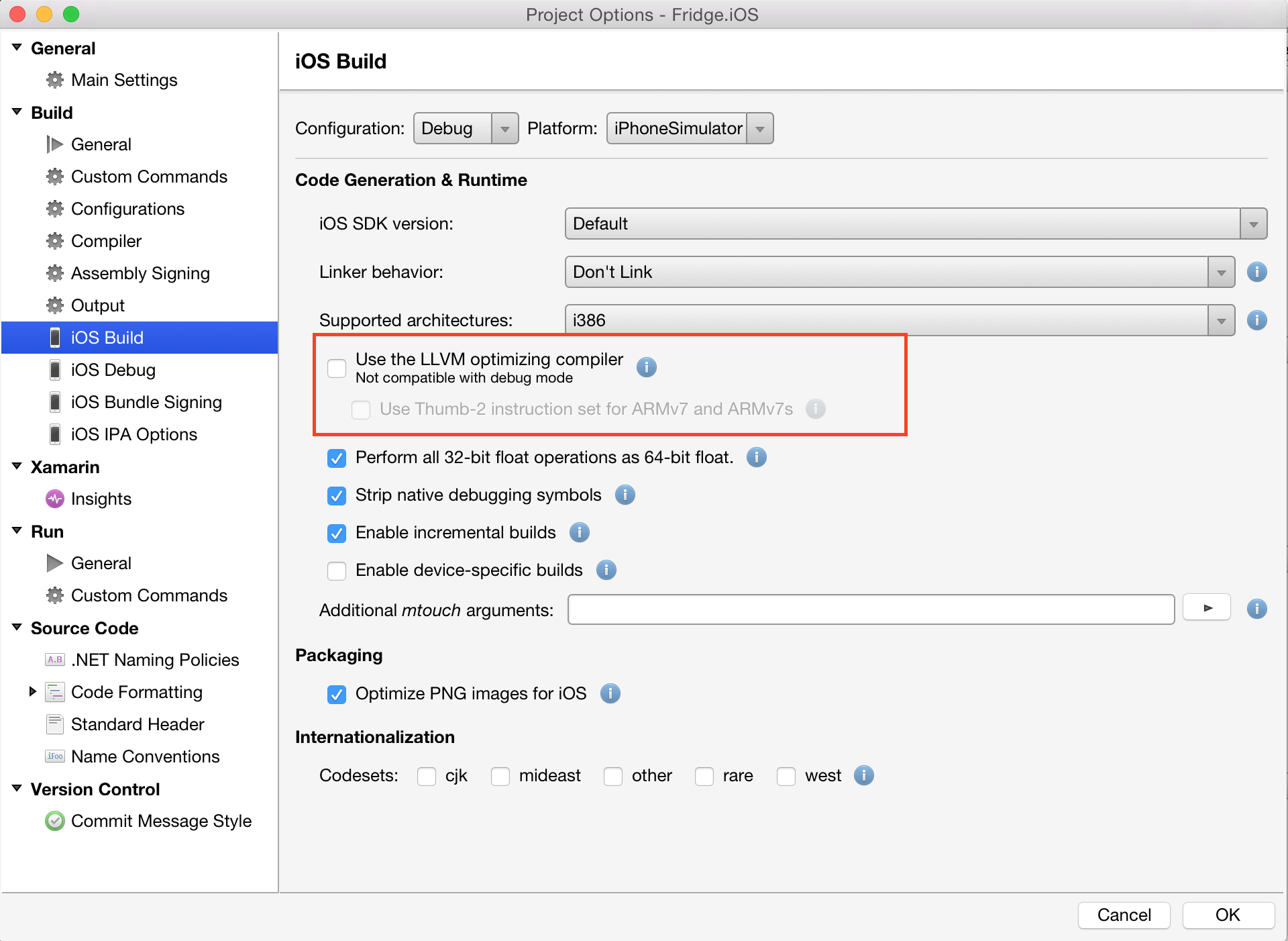 Enabling L L V M in Visual Studio for Mac.
