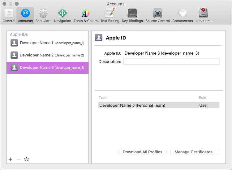 Xcode Preferences – Accounts Xcode Preferences – Accounts