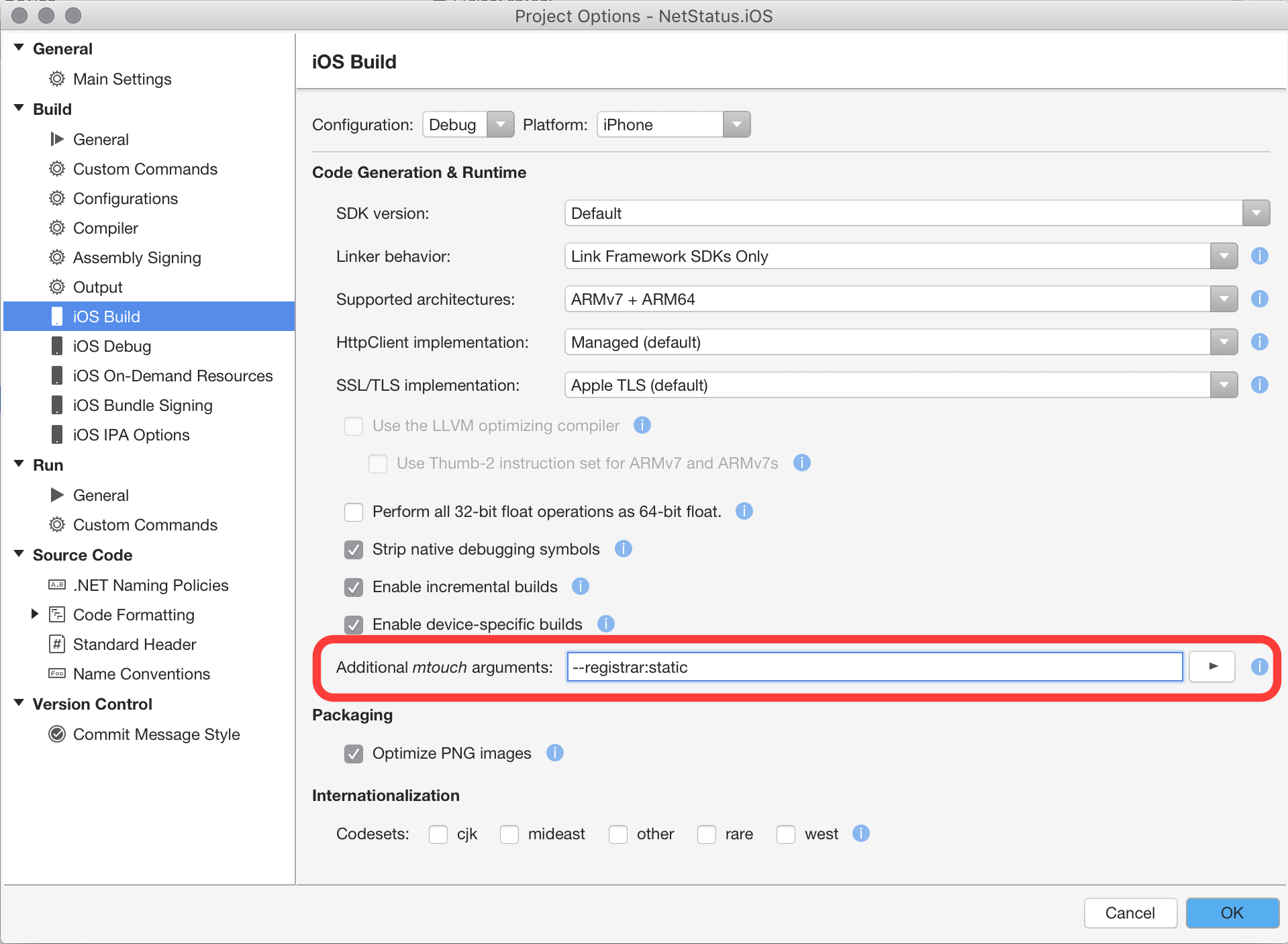 Setting Additional mtouch arguments