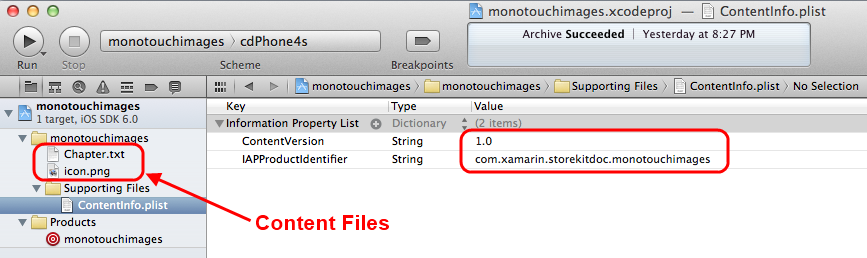 This screenshot shows Xcode with the content files included in the project and the plist entries visible in the main window