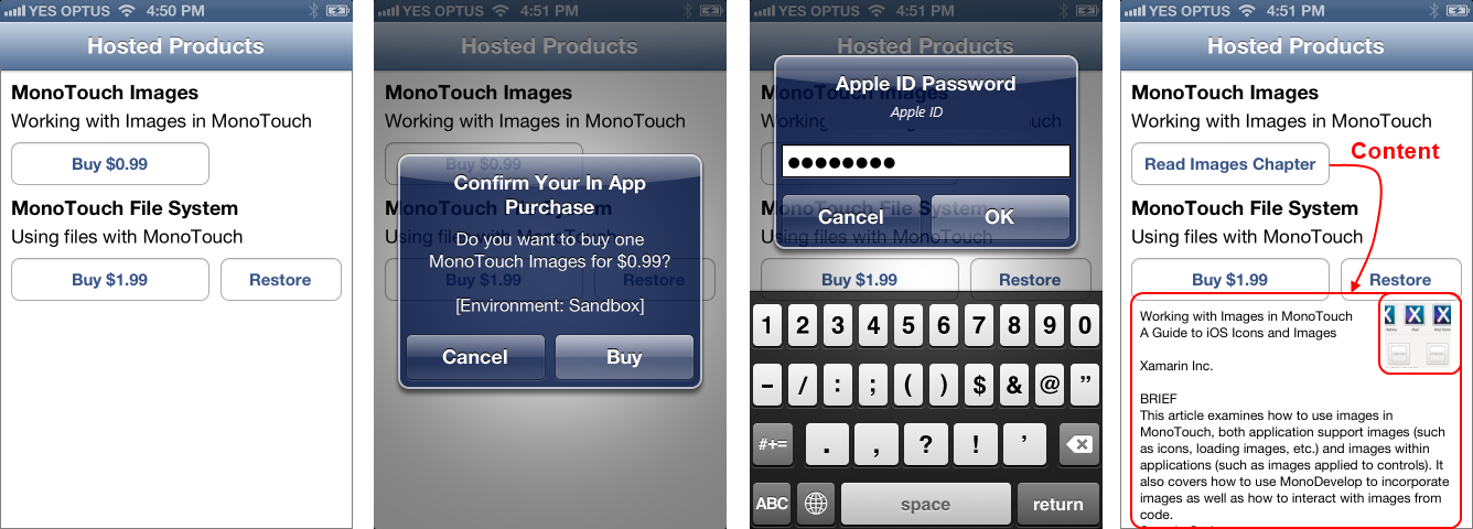 The app looks like this before, during and after a purchase