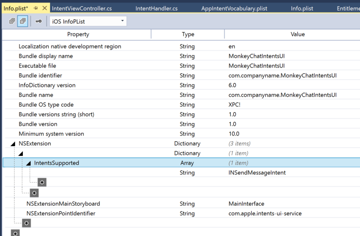 Tthe NSExtension and NSExtensionAttributes keys in the editor