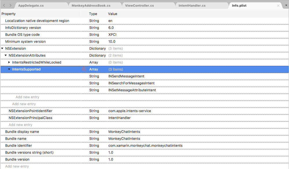 The INSendMessageIntent key in the editor in Visual Studio for Mac.