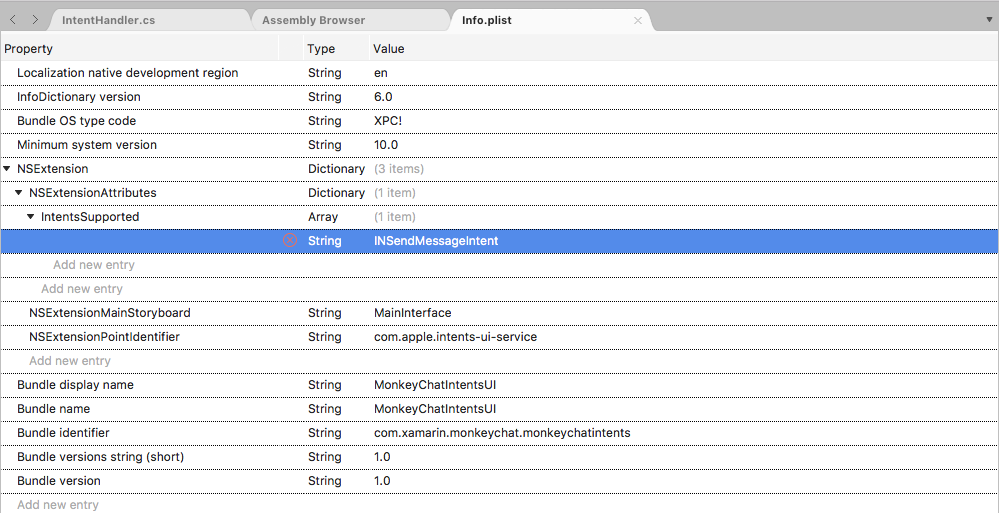The INSendMessageIntent key for an Intents U I Extension in Visual Studio for Mac.