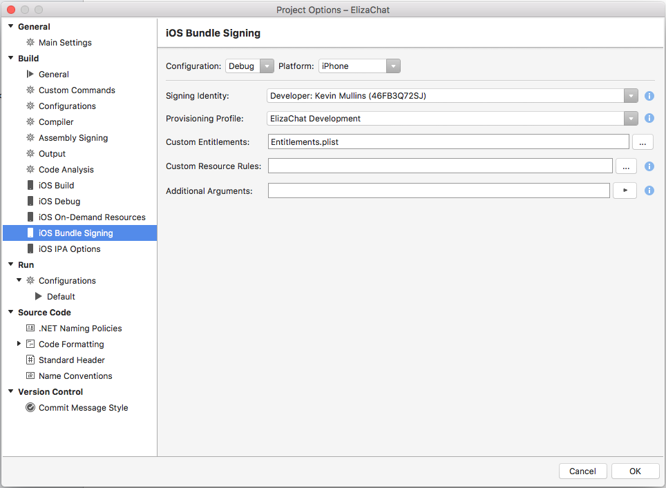 Select the Signing Identity and Provisioning Profile