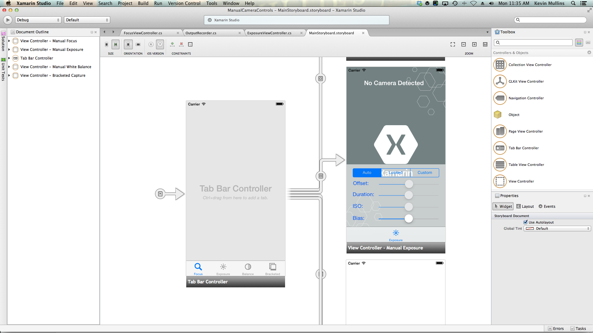 A UIViewController can be added to the applications Storyboard and configured as shown here for the manual exposure example.