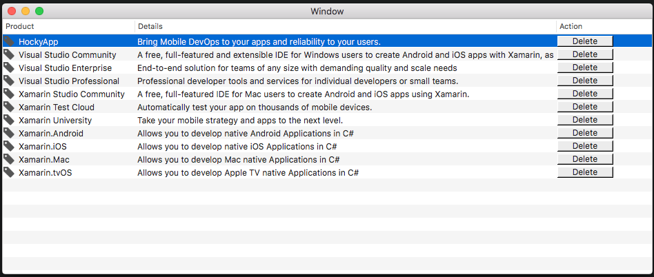 The table view with deletion buttons