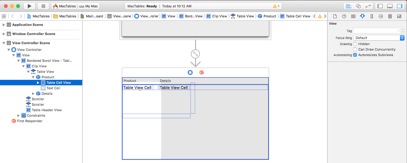 Screenshot shows the properties available for a Table Cell View in the Attribute Inspector.