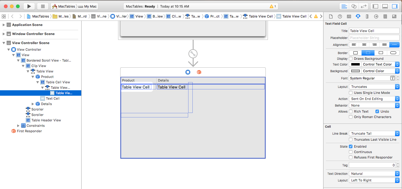 Screenshot shows the properties available for a different Table View Cell in the Attribute Inspector.