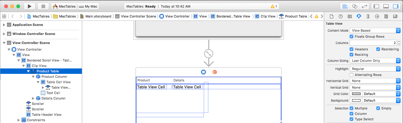 Screenshot shows the Interface Builder where you can select Multiple to allow multiple row selection.