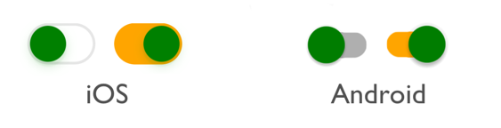Switches on iOS and Android Screenshot of Switches in on and off states, on iOS and Android with the colors changed.