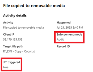 screenshot of a JIT Activity explorer event showing JIT triggered set to true and enforcement mode is set to audit
