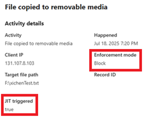 screenshot of a JIT Activity explorer event showing JIT triggered set to true and enforcement mode is set to block