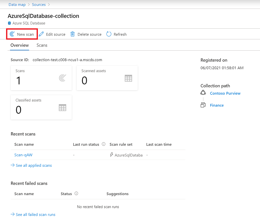 Screenshot of a source Microsoft Purview portal window with the new scan button highlighted.