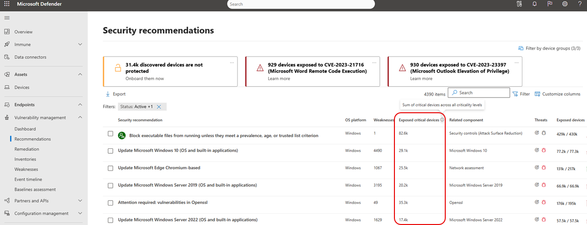 Screenshot of the critical assets column on the security recommendations page.