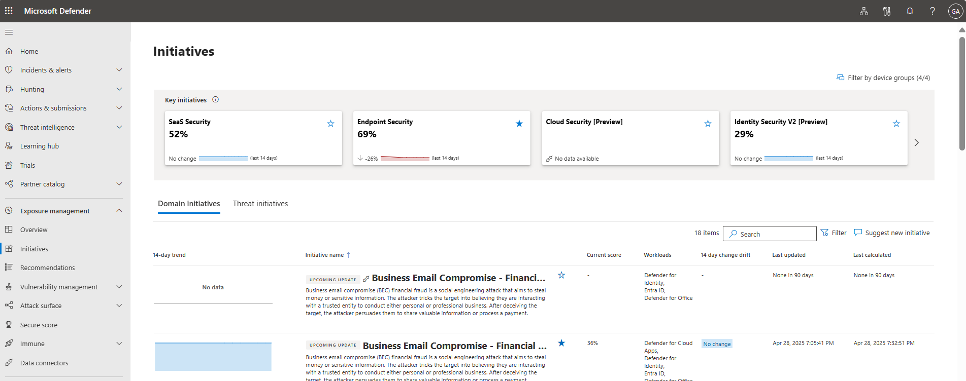 Screenshot of the Security Exposure Management Initiatives window.