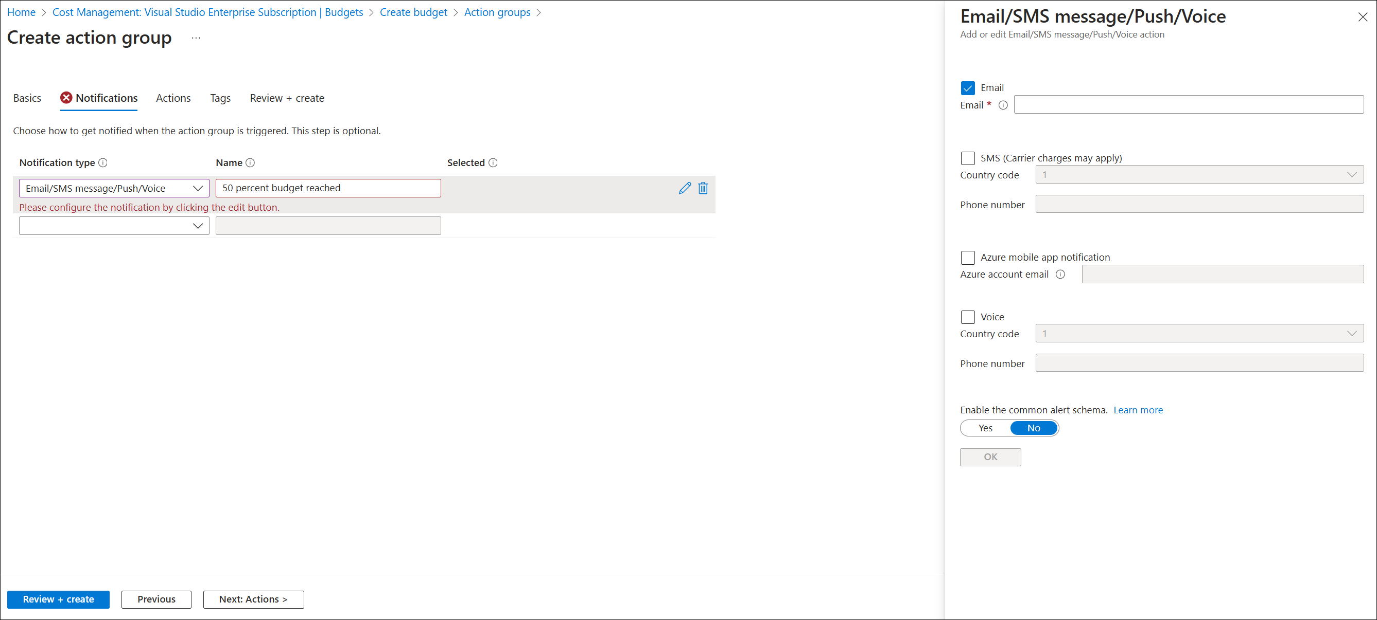 Screenshot of creating action group in Microsoft Cost Management.