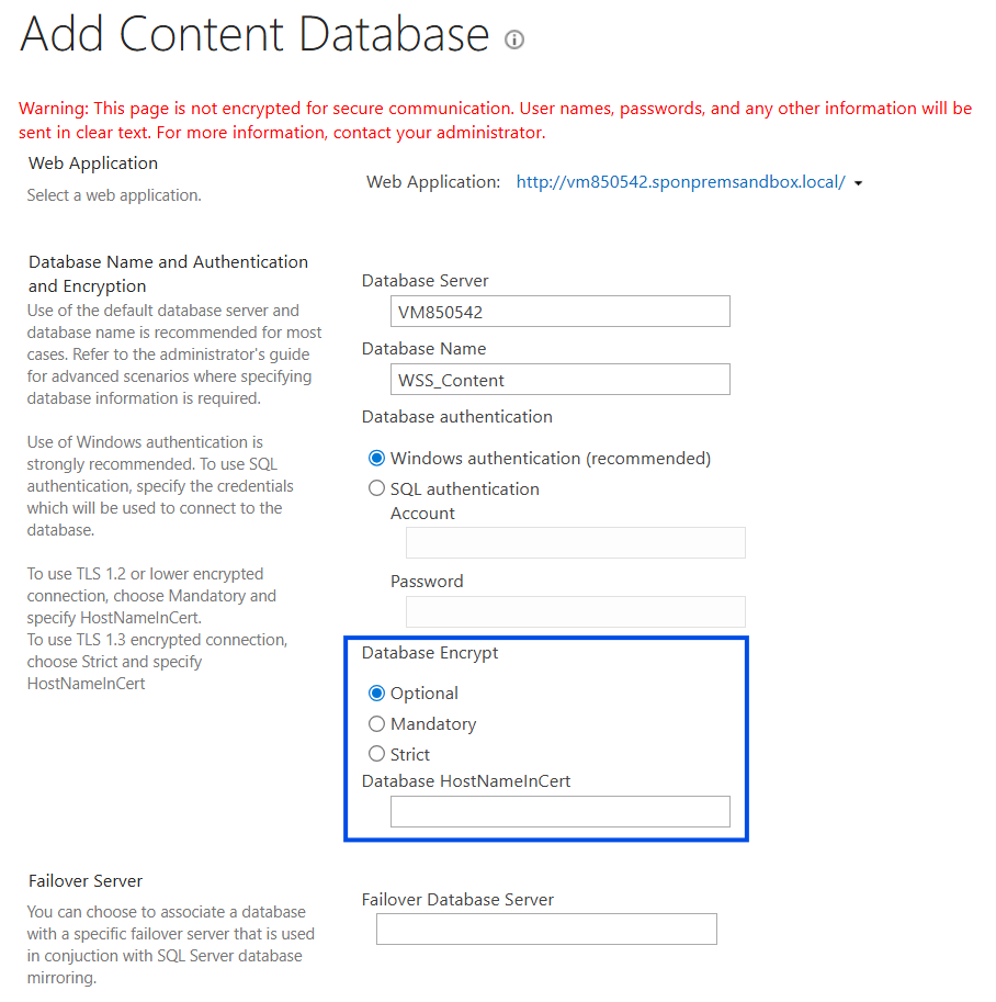 Screenshot of add a content database.