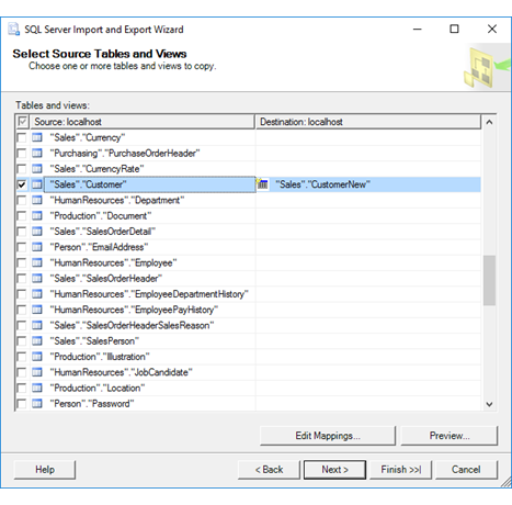 Select tables page of the Import and Export Wizard Screenshot showing the Select tables page of the Import and Export Wizard if you're going to copy tables.