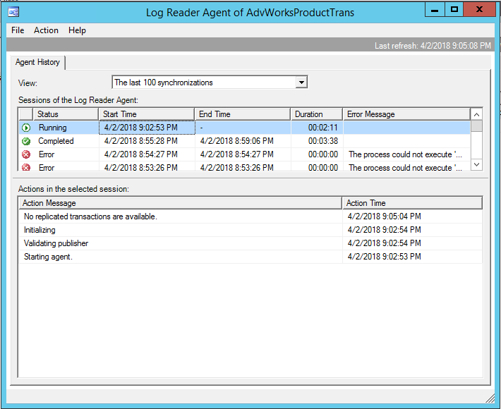 Screenshot of Log Reader Agent running with no replicated transactions.