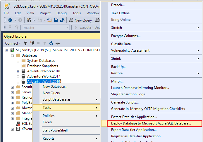 Screenshot that shows the menu steps for deploying a database to SQL Database.