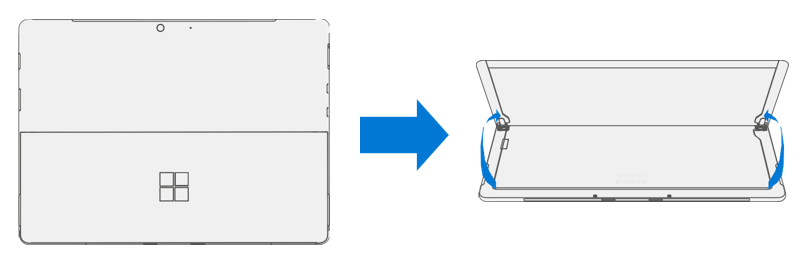 Diagram that shows the Surface Go 4 with its kickstand extended to approximately 90 degrees for removal preparation.