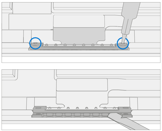 Diagram that shows blade connector aligned over screw holes with new screws being tightened.