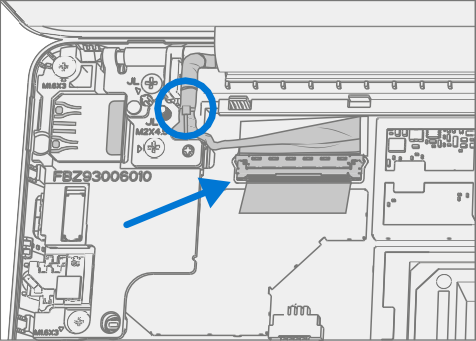 Screenshot that shows routing the LCD cable below the metal tab near the hinge.