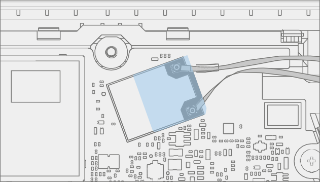 Screenshot that shows antenna cable routing near the hinge bracket.