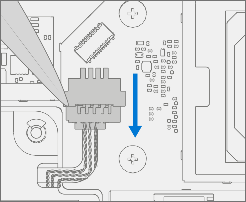 Screenshot that shows wiggling speaker cable free from motherboard connector.