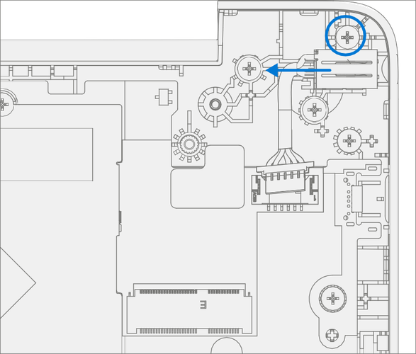 Screenshot that shows removing the DC power port screw in preparation for D-Bucket replacement.