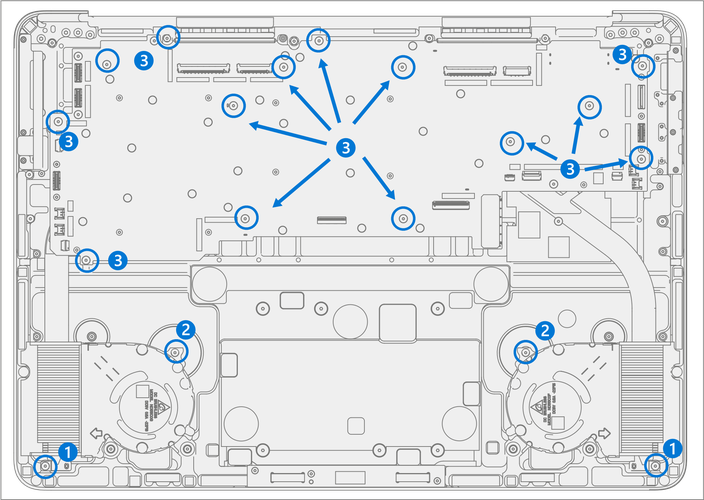 Diagram showing location and numbering of screws for thermal module, fans, and motherboard during removal