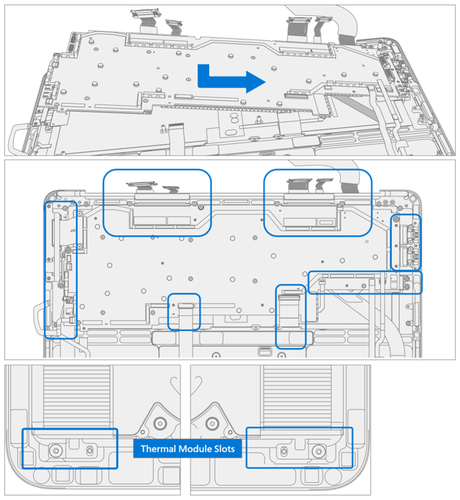 Diagram showing the screw locations for thermal module, fans, and motherboard to be reinstalled with proper torque sequence