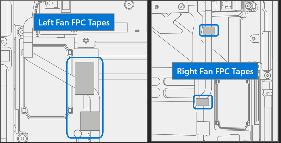 Diagram showing locations to apply new black fan FPC tapes to secure FPCs to speakers and keyboard