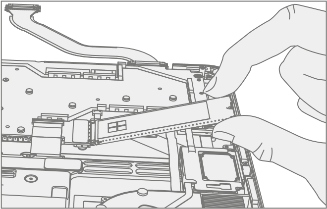 An illustration showing how to insert the rSSD into the motherboard connector at approximately a 15-degree angle from horizontal