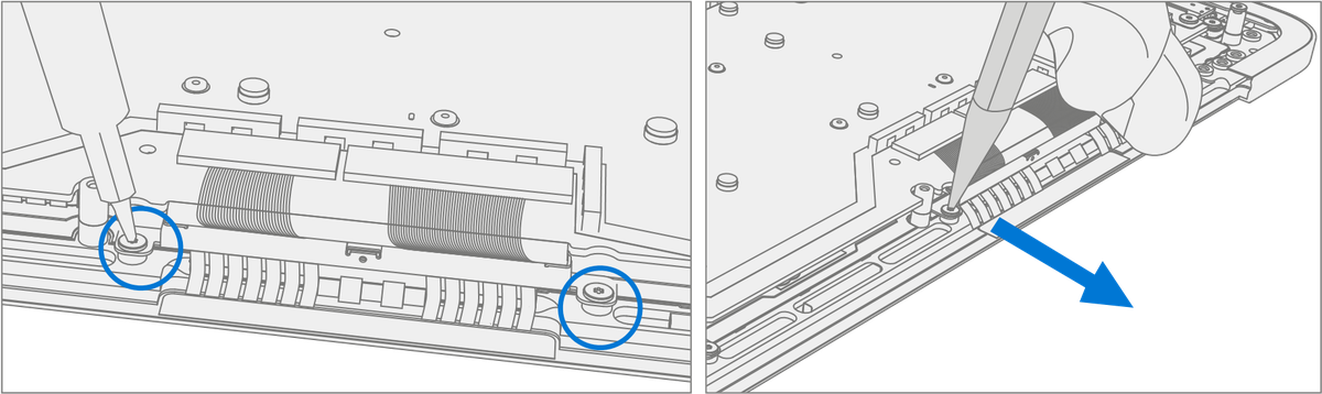 An illustration showing how to remove two cable tensioners by first removing two screws from each tensioner using a 3IP Torx-Plus driver, then carefully lifting the edges to slide them out