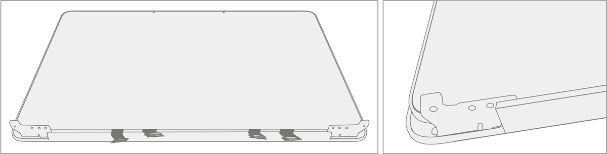 An illustration showing how to position the display assembly on the ESD-safe workbench with hinges set at 90 degrees and a 1-inch light duty spring clamp applied to the left hinge