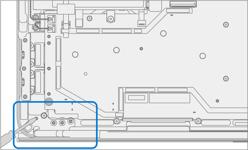 An illustration showing the removal of the light duty clamp from the left hinge and installation of 4 new hinge screws, tightening them until just snug