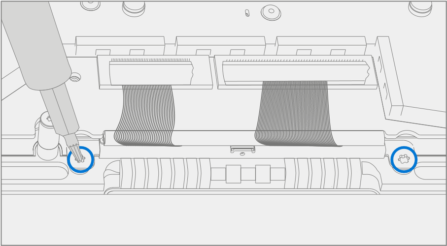 An illustration showing how to install 2 new tensioner screws in each cable tensioner using a 3IP Torx-Plus driver, with instructions for proper tightening sequence