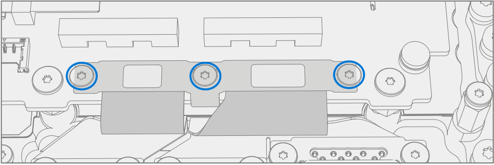 Diagram showing the three USB bracket screws that must be removed from the motherboard during USB-C removal