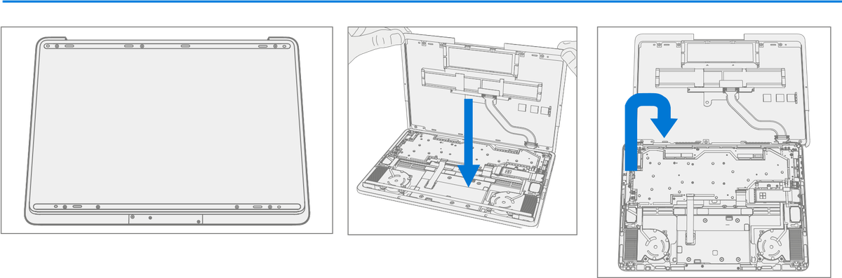 An illustration showing how to lift the chassis off the device and rotate it about the hinge, keeping the battery cable slack while positioning the battery facing upward