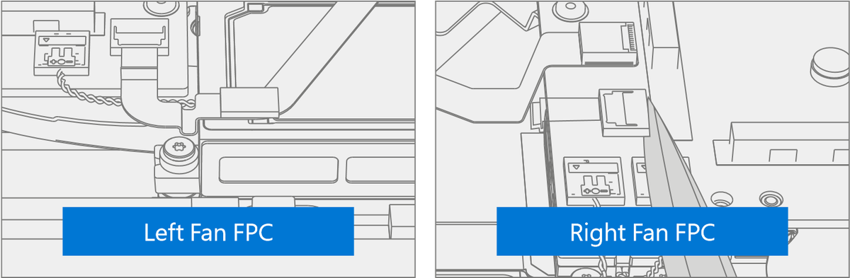 Diagram showing removal of the left and right fan FPCs by releasing their locks and pulling them from the PCBA
