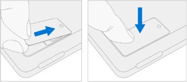 Screenshot that shows inserting and seating the replacement SSD door with the divot oriented correctly.