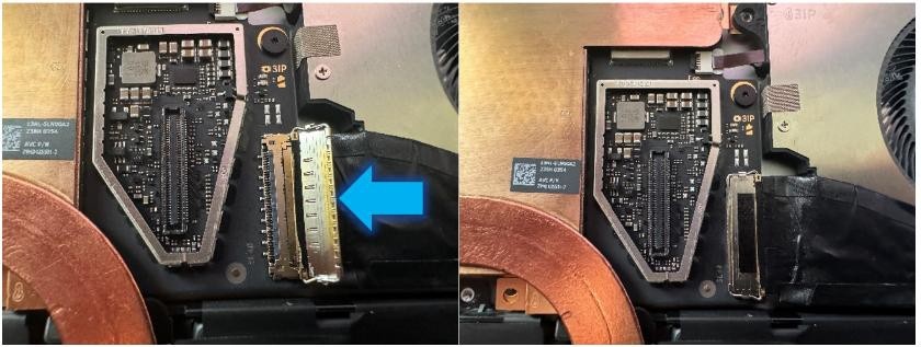 Screenshot that shows inserting the Surface Connect Port connector from the right and securing the locking buckle.