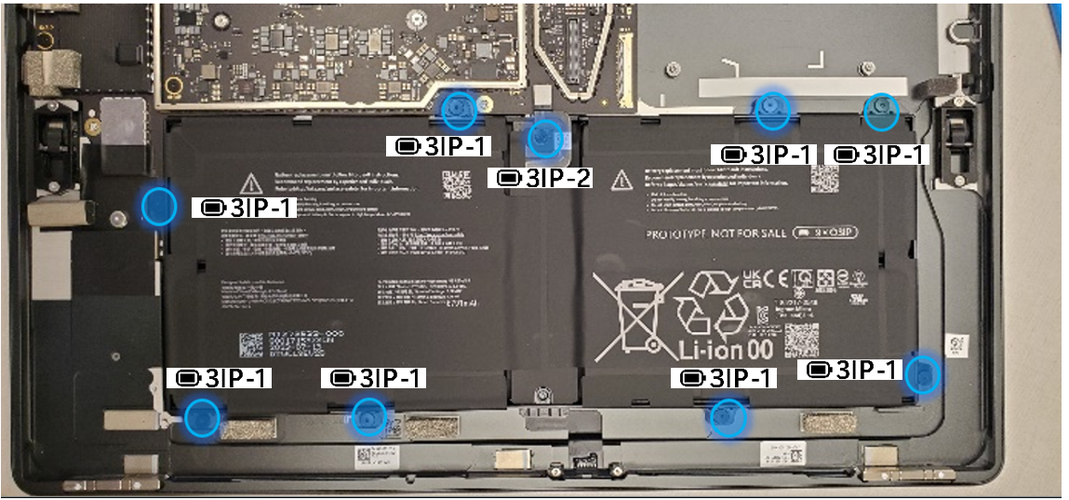 Screenshot that shows battery frame with eight frame screws and one PCB screw installed after tightening.